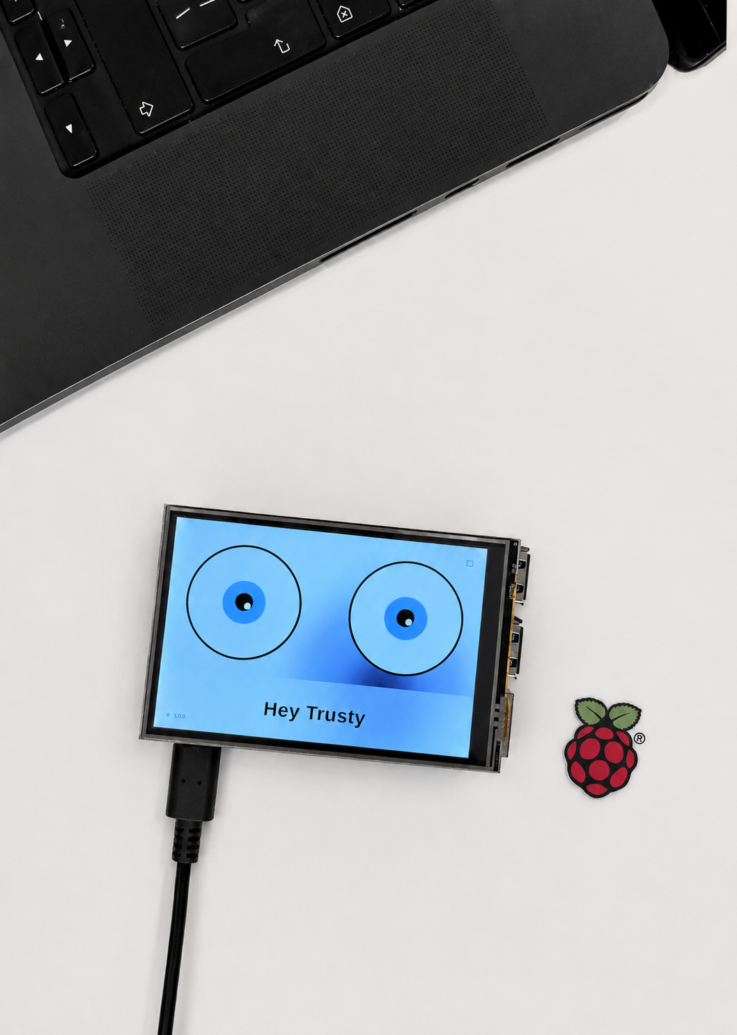 Trusty running on Raspberry Pi 5 with Eyes UI showing 'Hey Trusty'